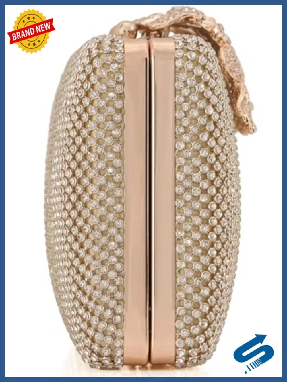 Women's Rhinestone Evening Clutch Bag with Gold Flower Clasp, Hard Shell,